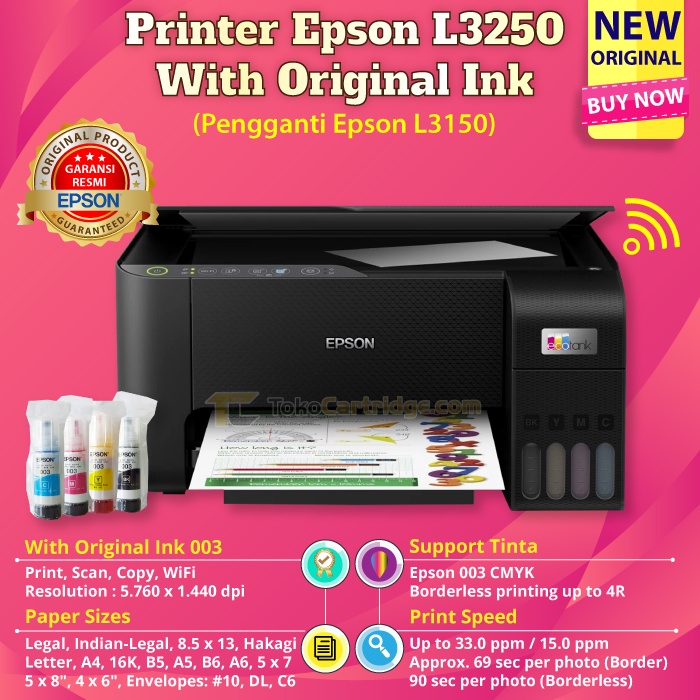Produk Bundling Printer Epson EcoTank L3250 WiFi All-In-One (Print - Scan - Copy) New ORI Printer L3256 ORI INK