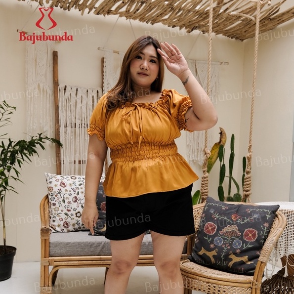 BAJUBUNDA - Atasan Jumbo Wanita Lengan Pendek Polos / Blouse Jumbo / Blus Big Size / Baju Jumbo / MIYA TOP-MUSTARD