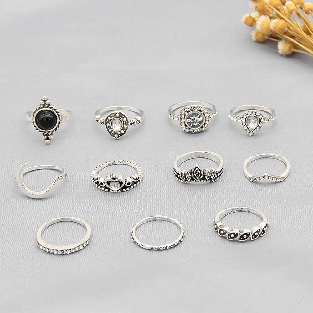 Retro Berlian Geometris Cincin Permata Hitam Moon Crown Water Drop 11 pcs Set Cincin