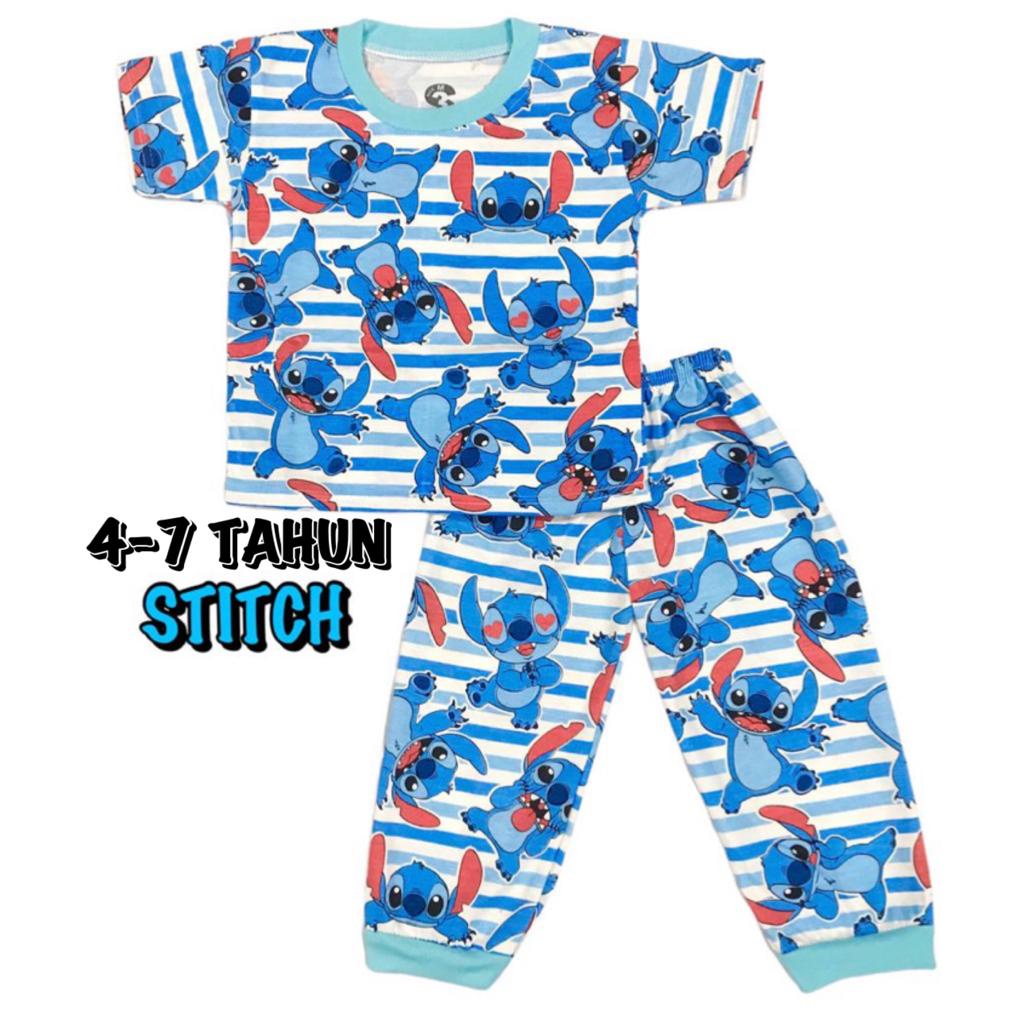 (1 KG MUAT 6 STEL) BAJU TIDUR CP ANAK KIDS PEREMPUAN/CEWEK LAKI-LAKI/COWOK SETELAN BAHAN KAOS KATUN 4-7 TAHUN STITCH