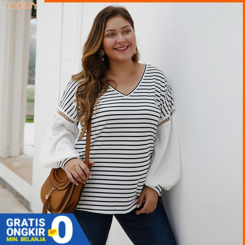 Blouse Jumbo XL, 2XL, 3XL, 4XL V Neck Lengan Panjang Striped Untuk Wanita
