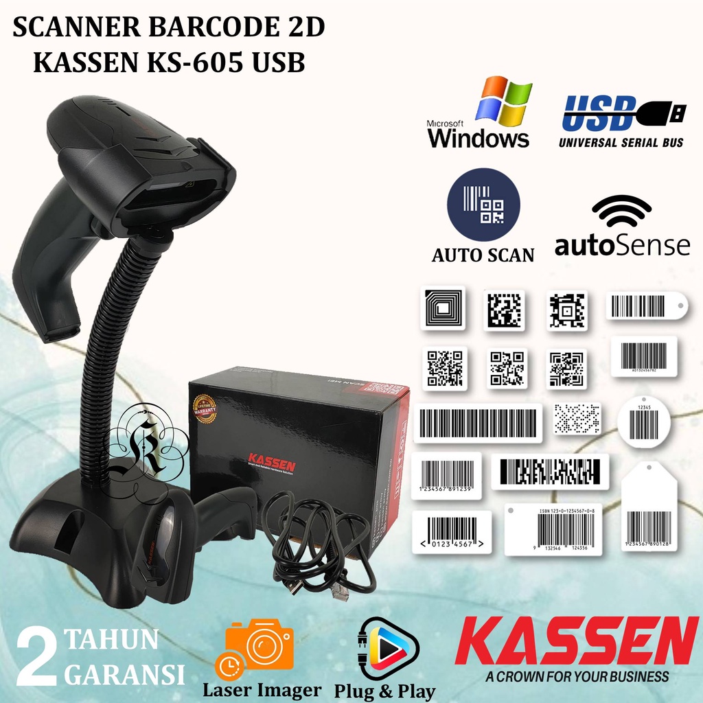 Kassen KS605 Barcode Scanner E-Faktur KS-605 QR Code USB 1D 2D Scan Resi JNT Shopee JNE Plus Stand