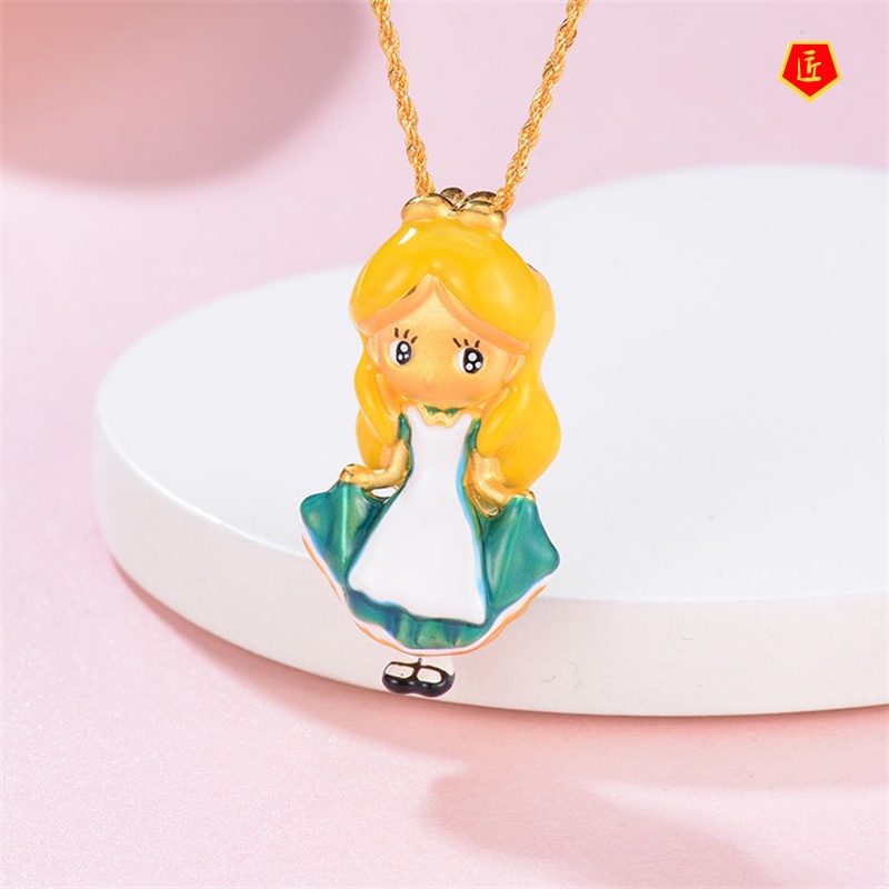 [Ready Stock]3D Gold Alice Princess Pendant Cartoon Cute Necklace