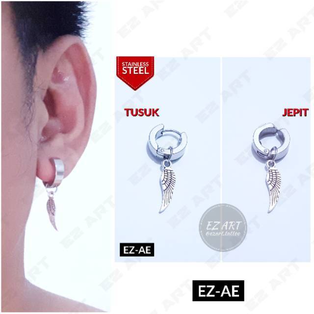 1Pc Model EZ-AE Silver Anting Pria dan Wanita Jepit Tusuk Variasi Bandul Sayap