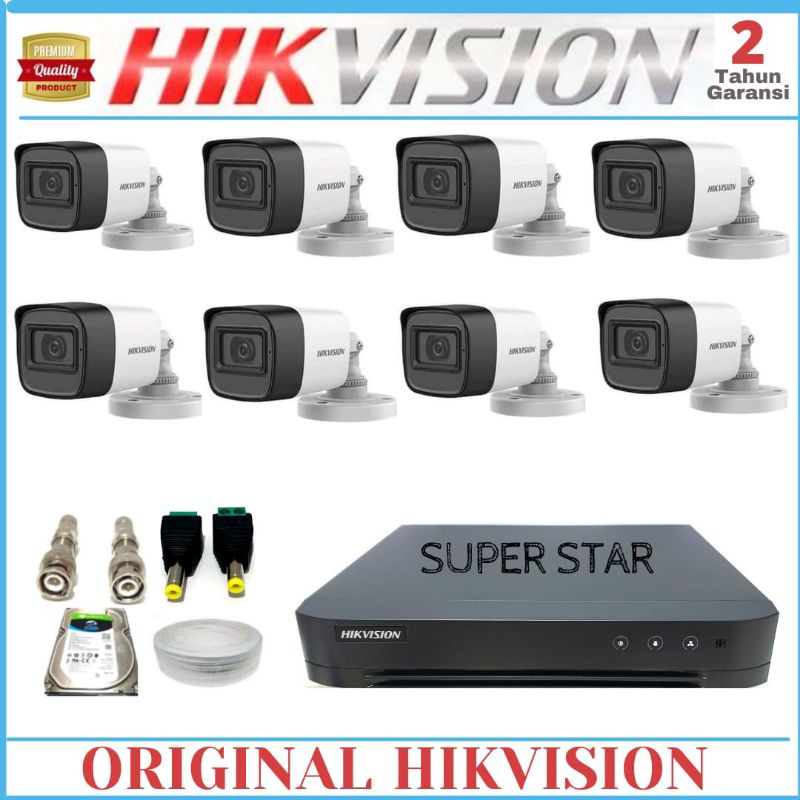 PAKET CCTV HIKVISION ORIGINAL 8 CHANNEL 8 KAMERA 2 MP 1080P OUTDOOR TAHAN PANAS DAN HUJAN