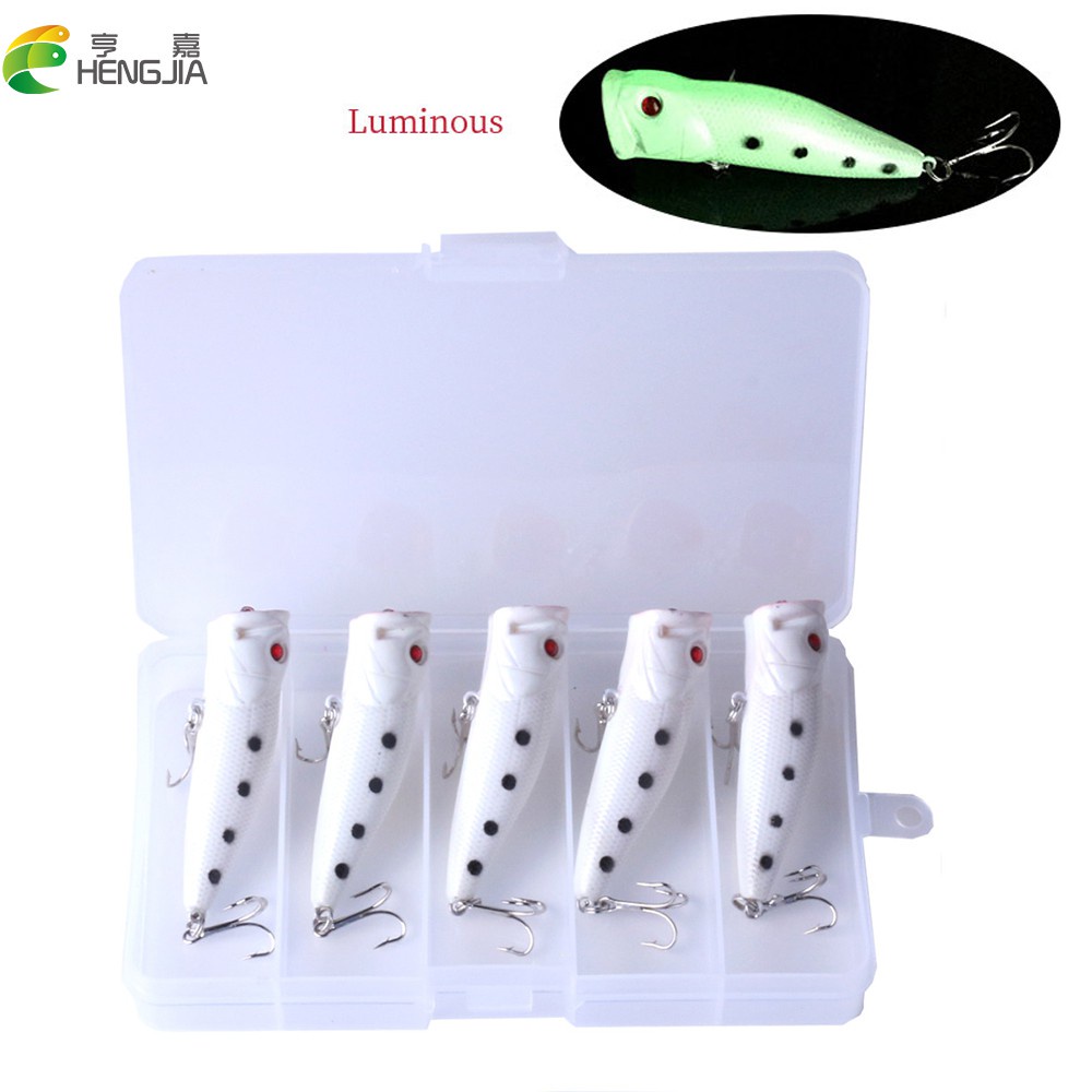 Hengjia 5pcs / Kotak Umpan Pancing Popper Artifisial Keras Luminous 7.5cm / 10g