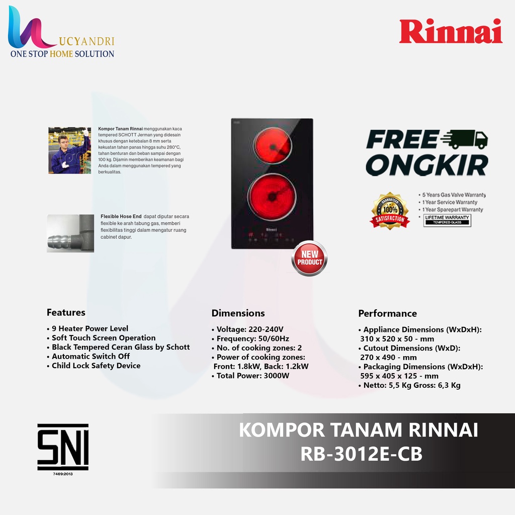 kompor tanam listrik induksi 2 tungku RINNAI RB 3012E CB FREE ONGKIR