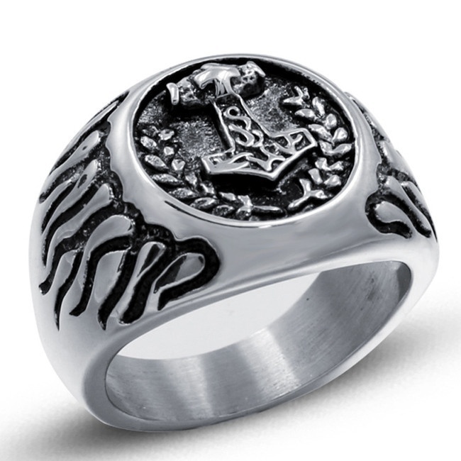 Men's Rings Vintage Antiques Gothic Cars Nordic Myths Thor Hammer Design Stainless Steel Punk Ring Black Silver Ring