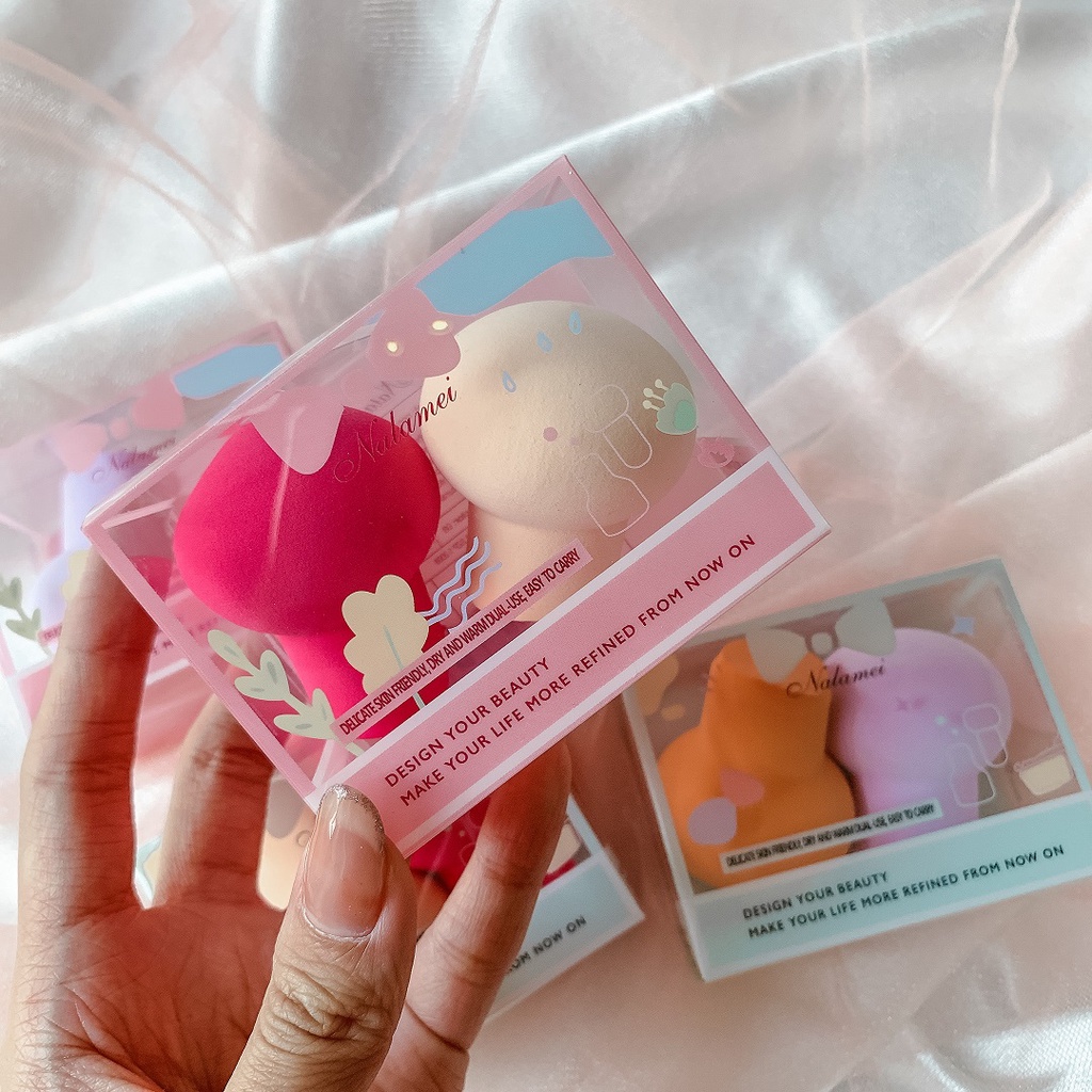 [016] spons makeup jamur 2 in 1 , beauty blender bulat gagang makeup tools premium
