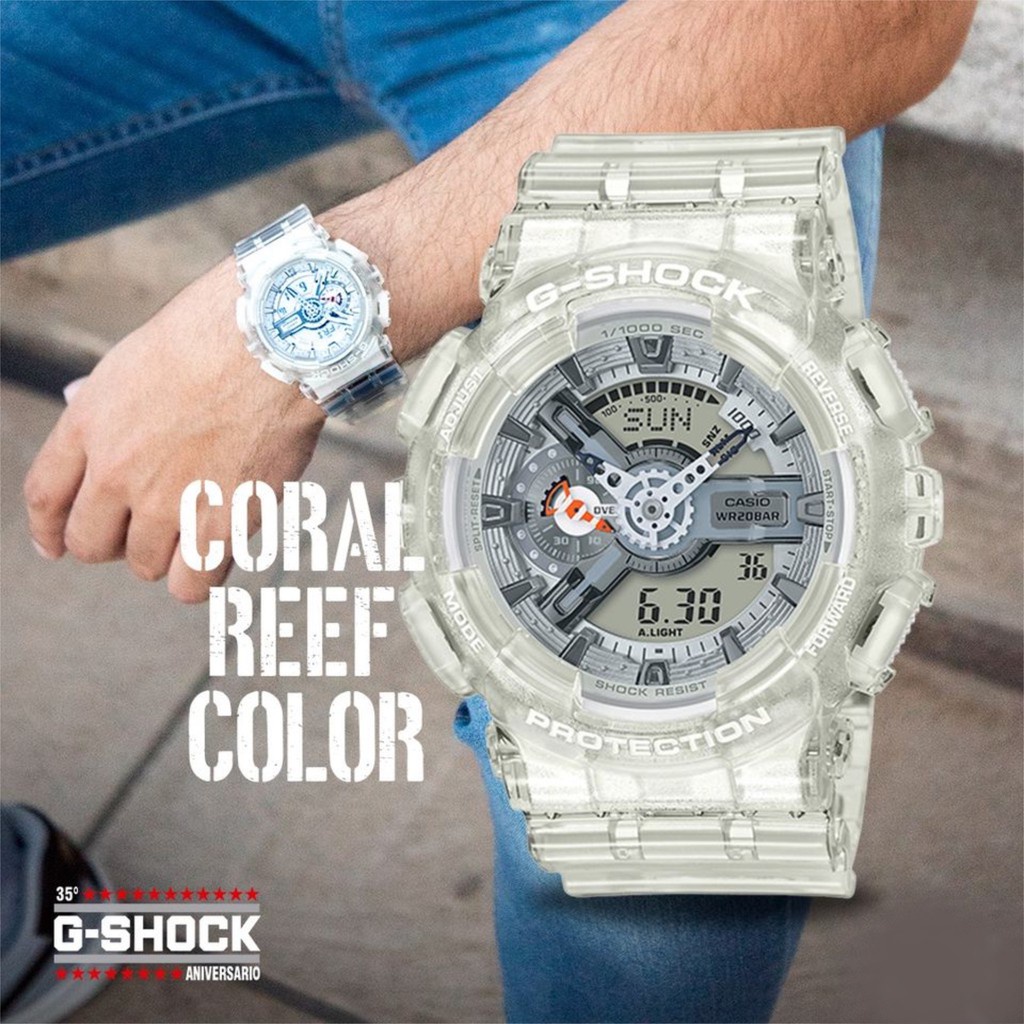 Jam Tangan Pria Wanita Casio G-Shock GA-110 Lineup Special Colour Model White Semi Transparent Resin Band Watch GA110LS Coral Reef