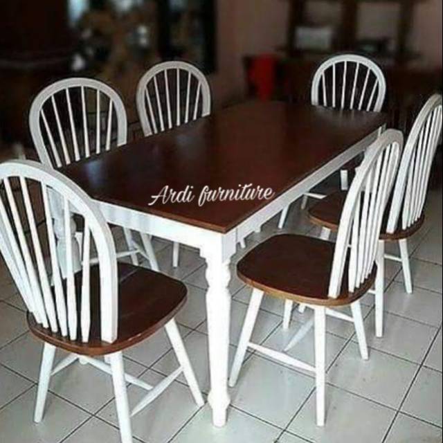 Meja makan 6 kursi jati - meja makan warna kombinasi - meja makan duco putih