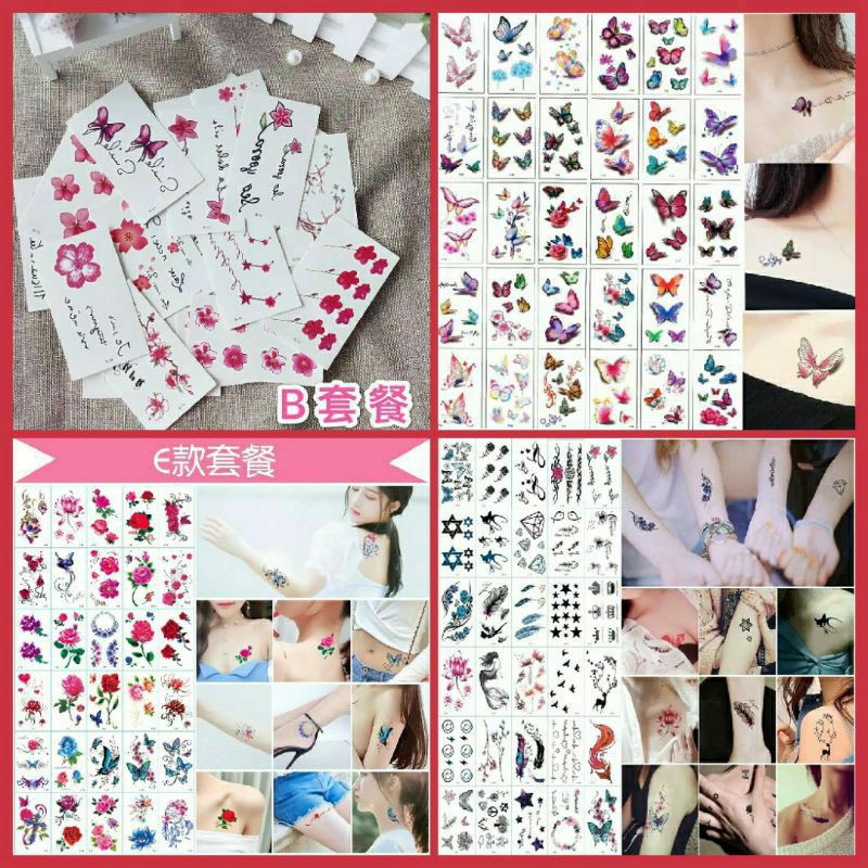 Tato Temporer / Tato Sementara / Motif Kupu-kupu / Bunga / Mawar / gelap