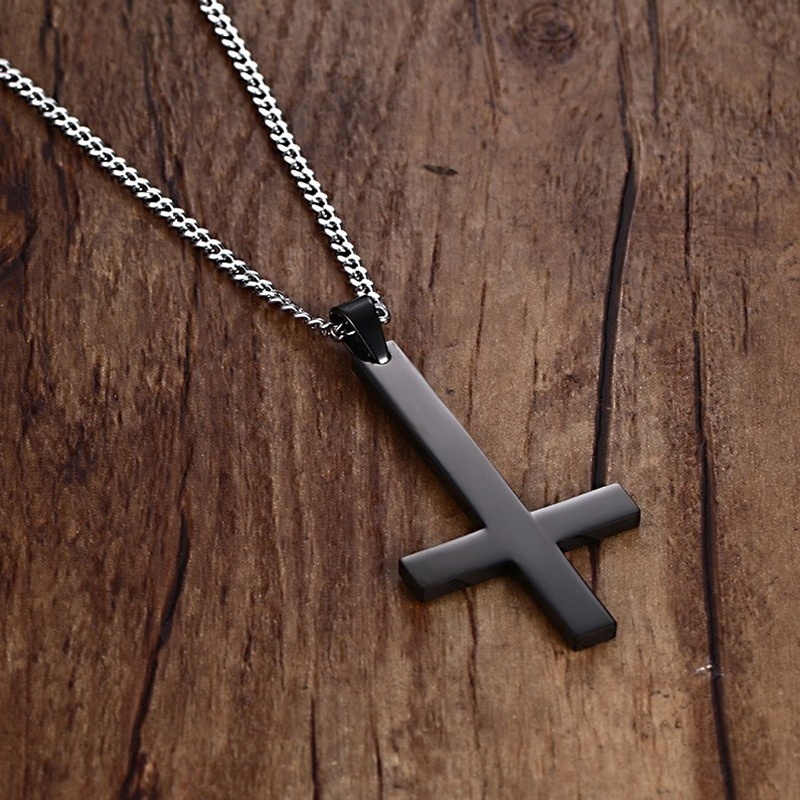 Male Black Plated St Peter's Inverted Cross Pendant Necklace for Men Stainless Steel Choker Crux de Sanctus Petrus Jewelry