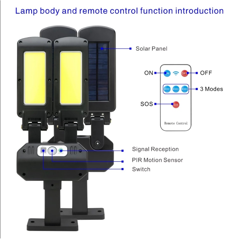 ANBOLT 600W Lampu Jalan Tenaga Surya 3 Mode Lampu Solar Tahan Air LED Lampu Surya Lampu Taman Remote Control dengan Sensor Gerak