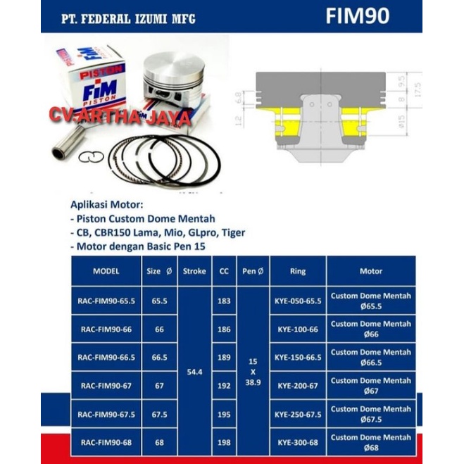 PISTON KIT FIM FIM90 CUSTOM DOME MENTAH ( 65,5 / 66 / 66,5 / 67 / 67,5 / 68 ) ( PEN 15 / PIN 15 )-6