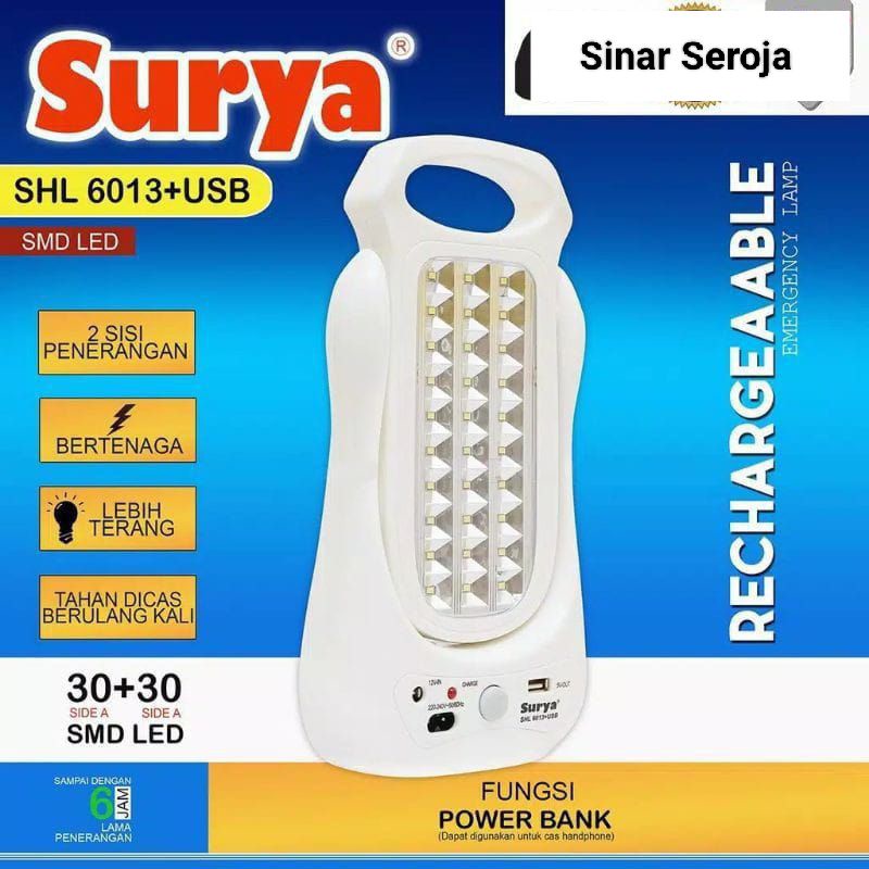 Surya Lampu Emergency SHL 6013 + USB Light LED SMD 30A+30A+ Power Bank Rechargeable 6 Hours