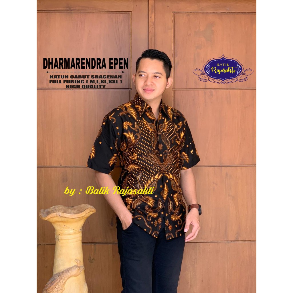 DHARMARENDRA EMAS PENDEK Kemeja Batik Pria Katun Sragenan Full Furing