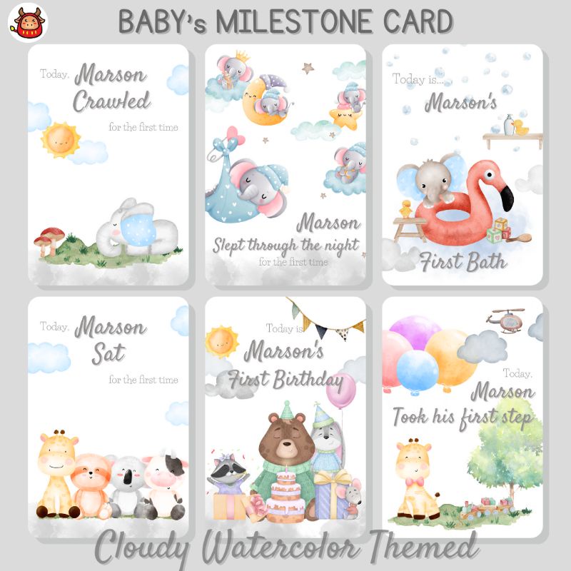 Baby Milestone Card Premium Design Watercolored Baby Boy Cloudy themed Kartu Selfie Bayi High Quality desain terbaru