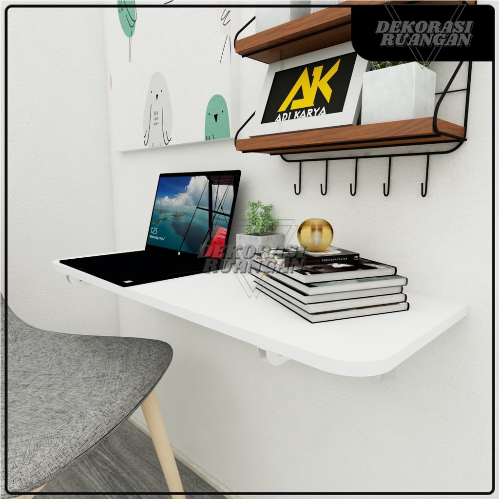 Meja Lipat Dinding 80 x 30 Meja Belajar Kerja Dinding Ambalan Tempel Braket Besi Engsel Laptop Kompu