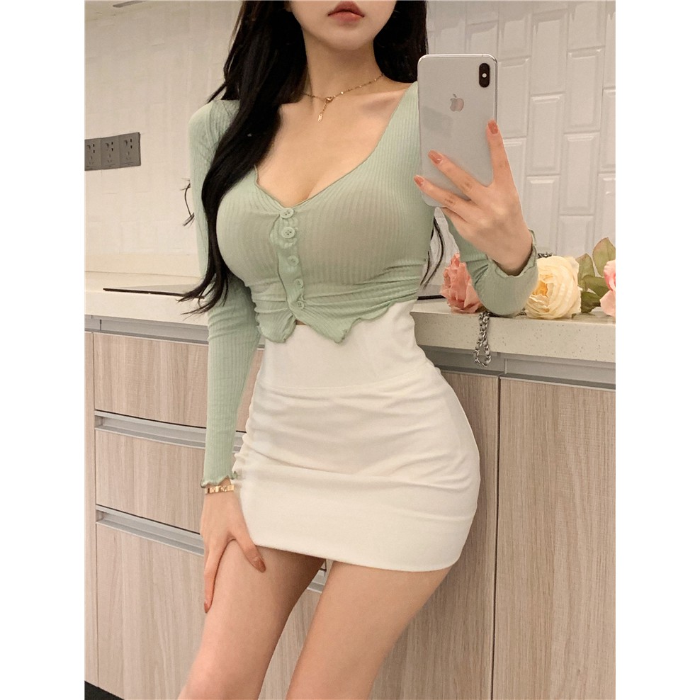 Seksi yang BaruVCollar Slim Fit Jamur Lengan PanjangTKaos Wanita+Peregangan Putih Hip Rok Fashion Du