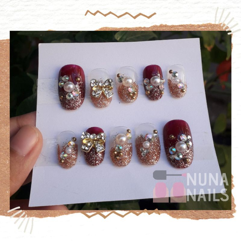 Kuku palsu maroon gold +lem kupal nail art wedding pengantin murah