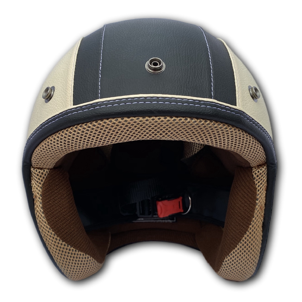 SNI Helm Retro Kulit Exclusive / Helm Half Face Motor Bukan Bogo - Cream Black (Helmet Dewasa COD)