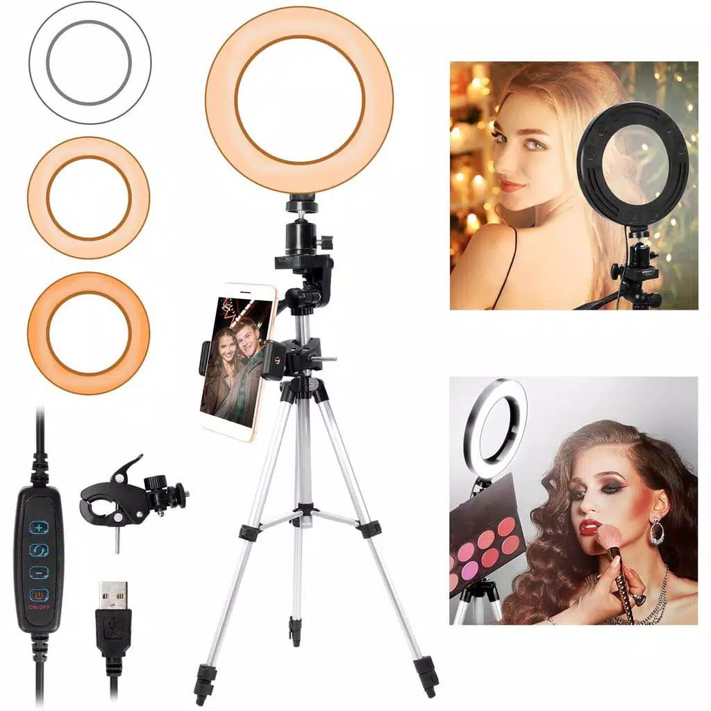 &lt;^ SJA ^&gt;Paket Tripod 100cm + Lampu Ring Light LED 26 cm - 3110-SILVER