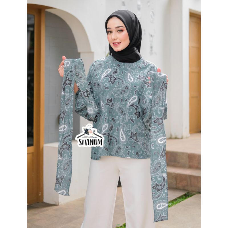 BLOUSE BATIK WANITA MODERN ATASAN BATIK KERJA WANITA BATIK PASTEL GREEN SAGE LENGAN PLUM BALON