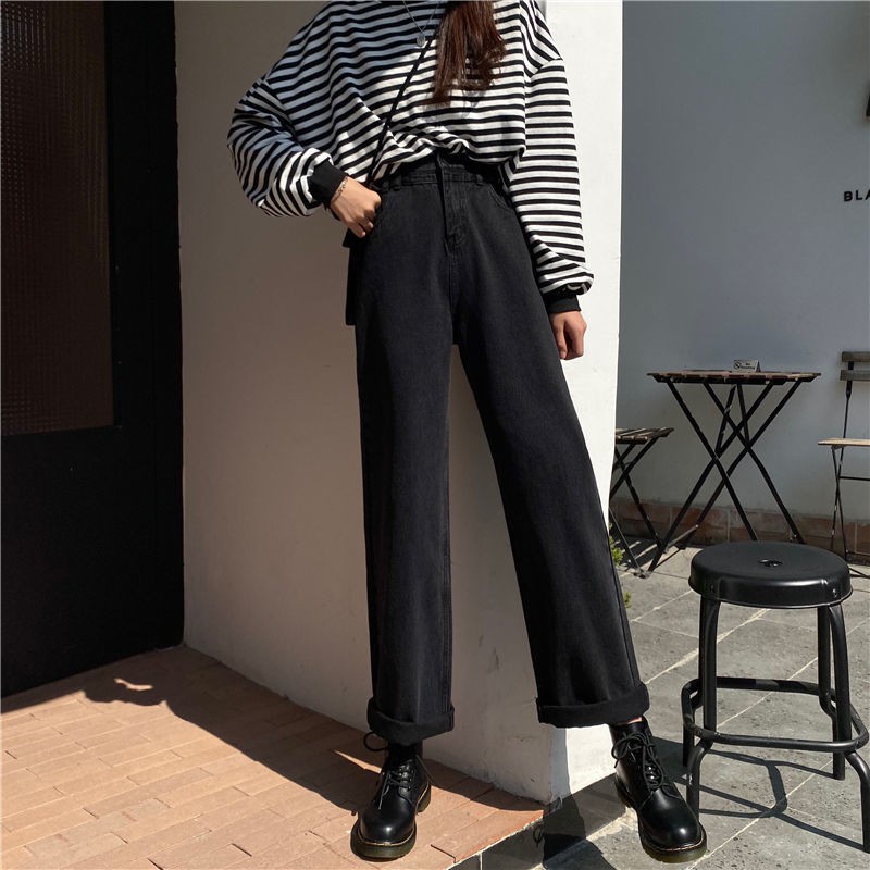 Jeans hitam loose wanita high waist Korea style celana panjang