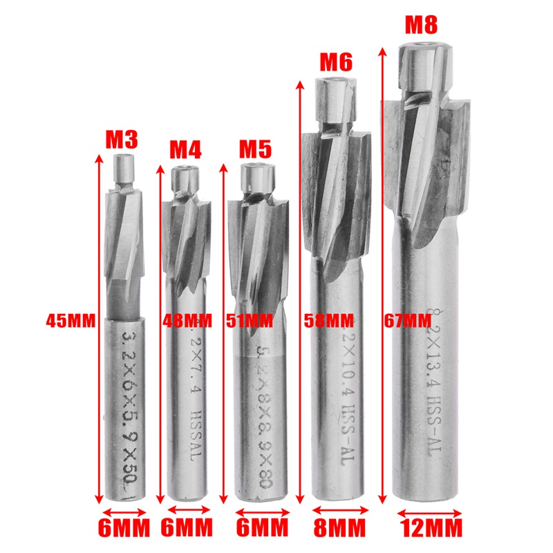 5pcs Mata Bor Hss Counterbore End Mill M3-M8 Pilot Slotting Tool Milling Cutter