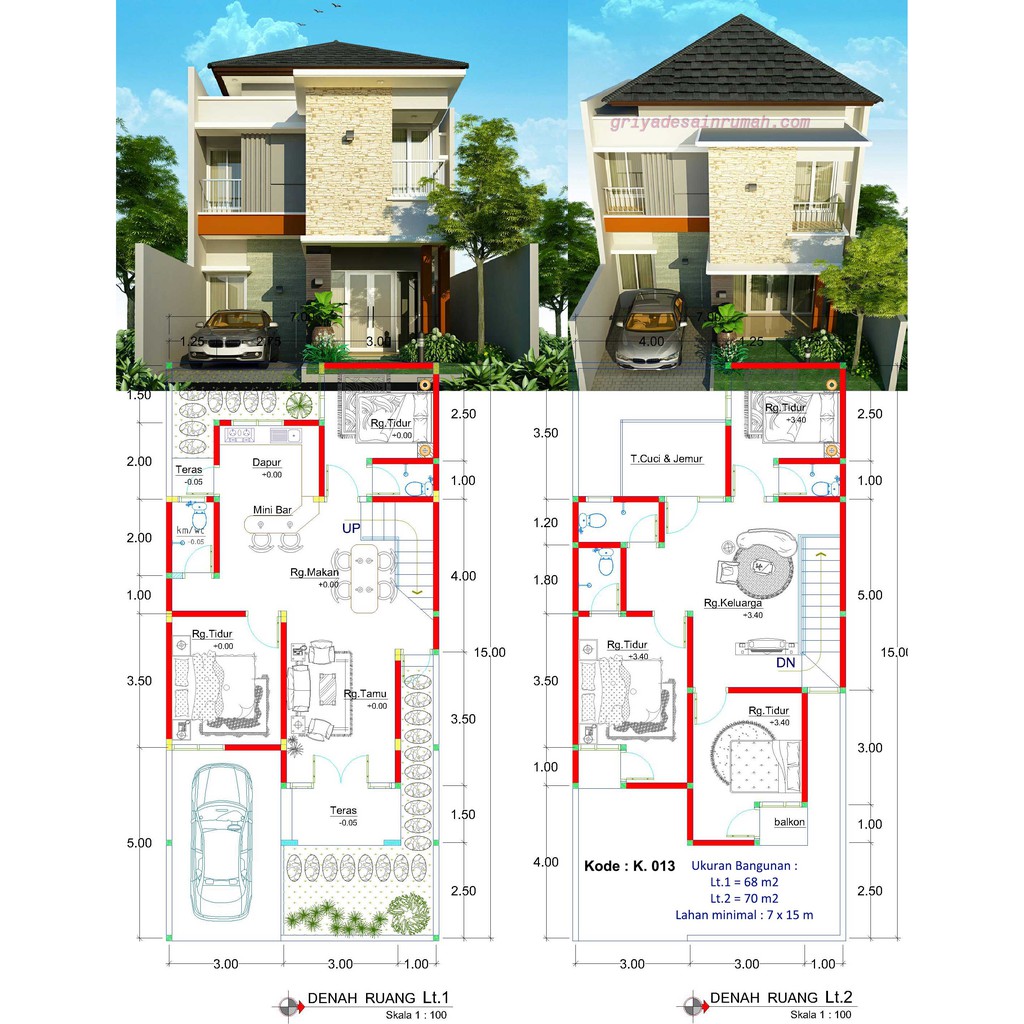 Desain Rumah 2 Lantai Minimalis 5 Kamar Tidur Ukuran 7x15 Meter