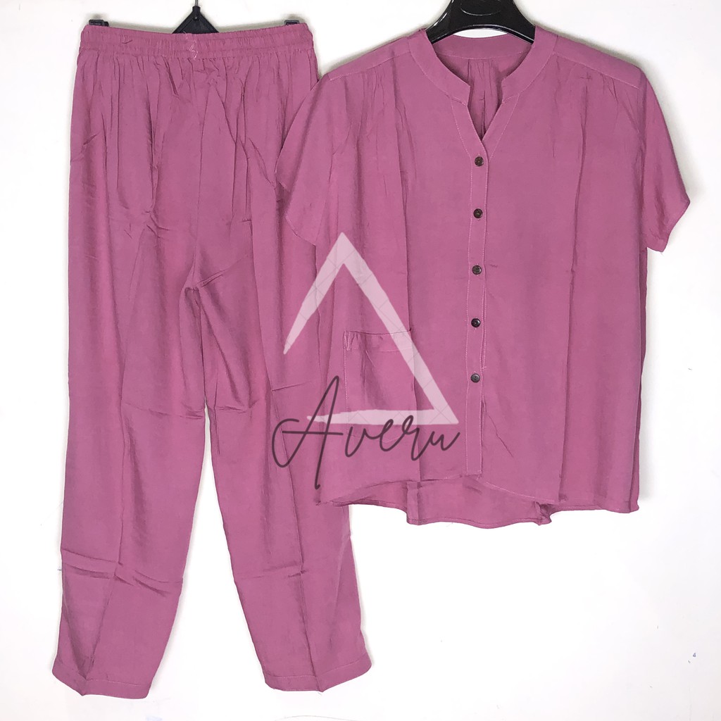 JUMBO Baju Tidur Wanita Piyama Setelan Rayon CP Celana Panjang - Polos-Pink