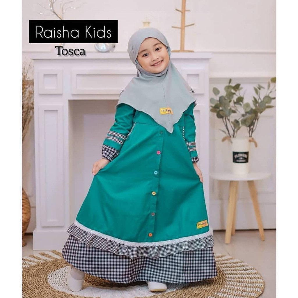 New Raisha Kids//Gamis Anak//Bahan Moscrepe mix Katun Square//LD 88 cm PB 100 cm//Usia 8-9th//COD