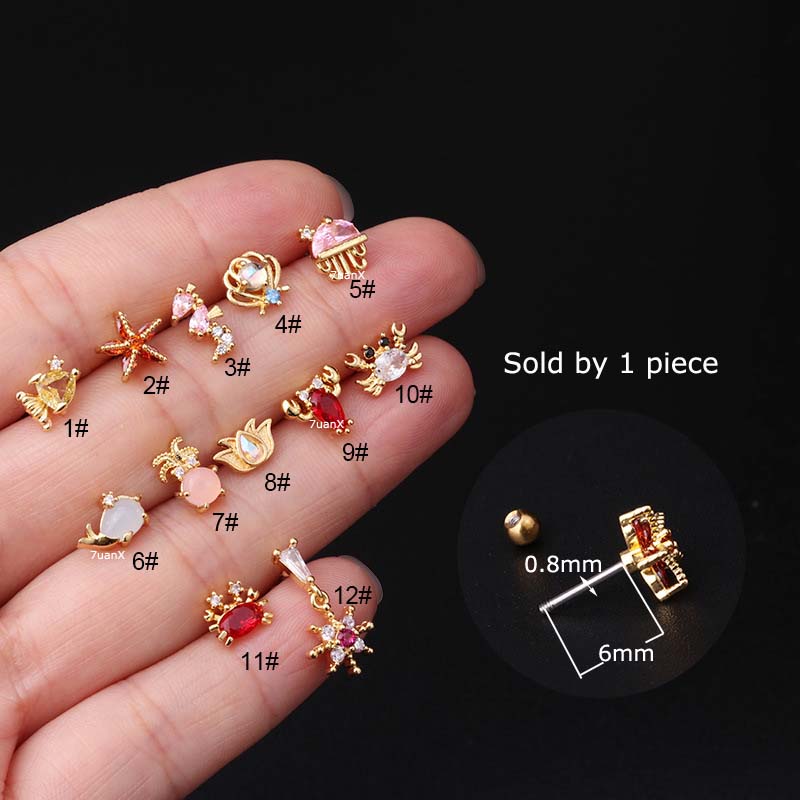 1 Pc Anting Stud Tindik Bahan Stainless Steel 20 Gage Desain Hewan Laut