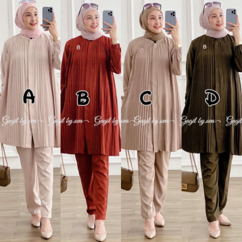 elanaa set by gagil setelan tunik celana plisket rose linen baju busui atasan baju terbaru ootd hija