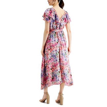 Taylor ruffled floral print chiffon A line dress in rose pink