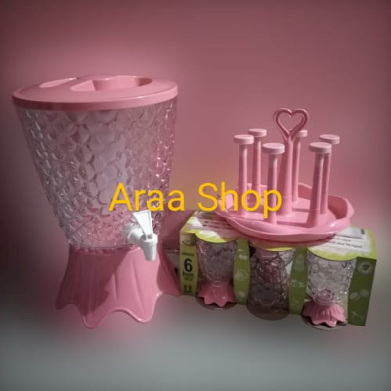 1 Set Dispenser Golden Sunkist + Gelas Nanas + Stand Gelas Ikan GOLDEN SUNKIST/ Hijau & Pink