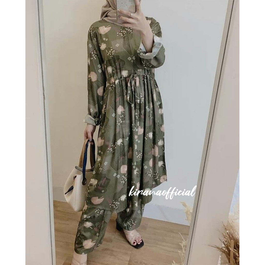 MANDA ONE SET WANITA / SETELAN RAYON DAILY ONE SET BAJU SETELAN PAJIMAS WANITA KEKINIAN-VIONA ARMY LONG SET