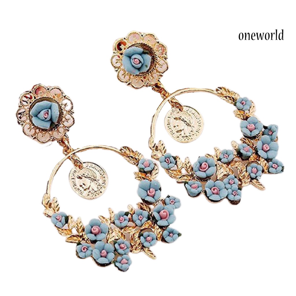 OW@ Ear Studs Circular Ring Not Rust Flowers Pattern Women’s Fashion Flower Dangle Ear Studs for Daily Life