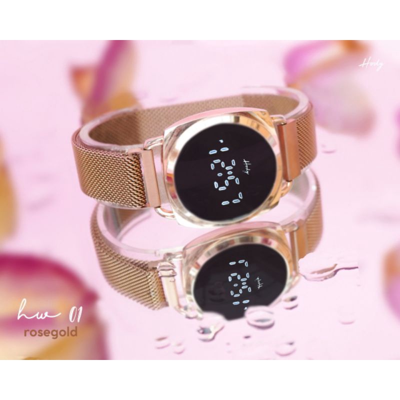 Ready Hody Watch HW-01 Garansi Original Digital Jam Tangan Hody Digital Touch Screen Magnetic Bukcle Tali Rantai Pasir Jam Tangan LED Jam Tangan Wanita TERLARIS BEST SELLER Jam Tangan Pria Universal HW 02-Rosegold