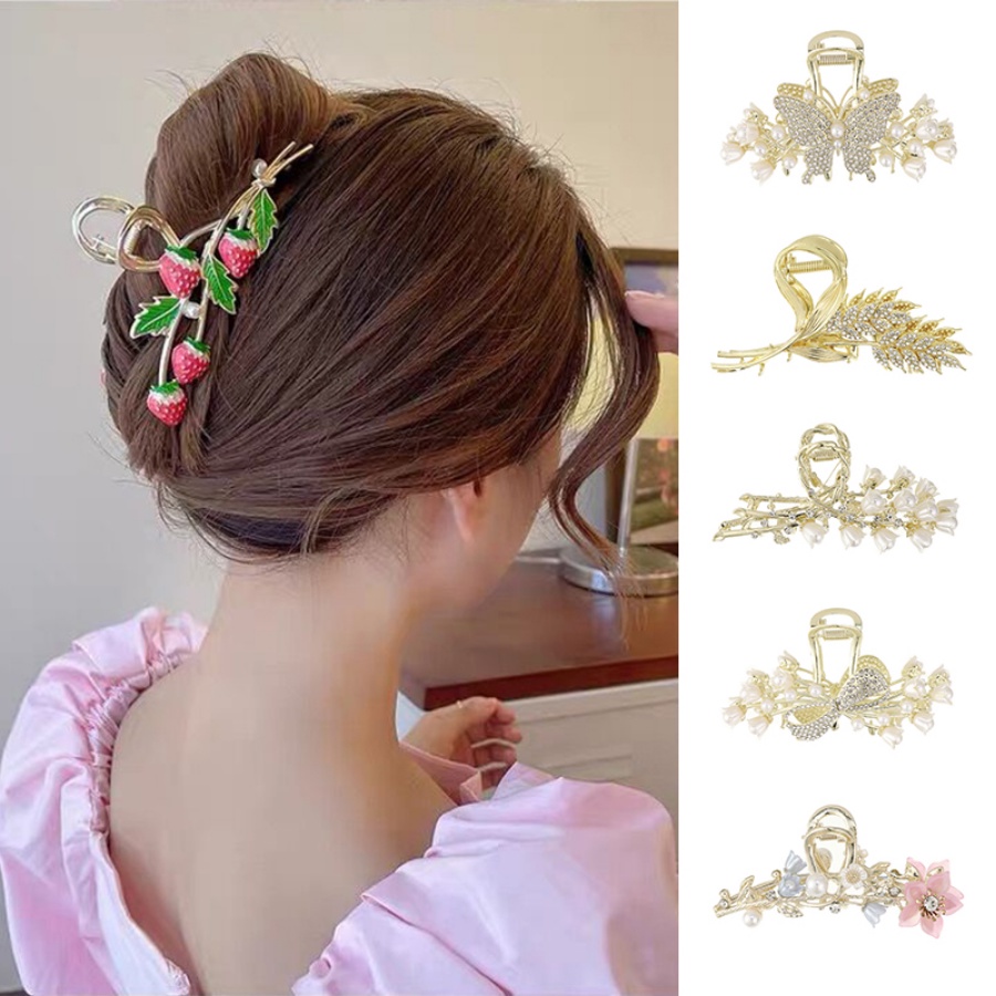 Jepit Rambut Ponytail Bahan Metal Aksen Mutiara Dan Berlian Imitasi Gaya Korea Untuk Wanita