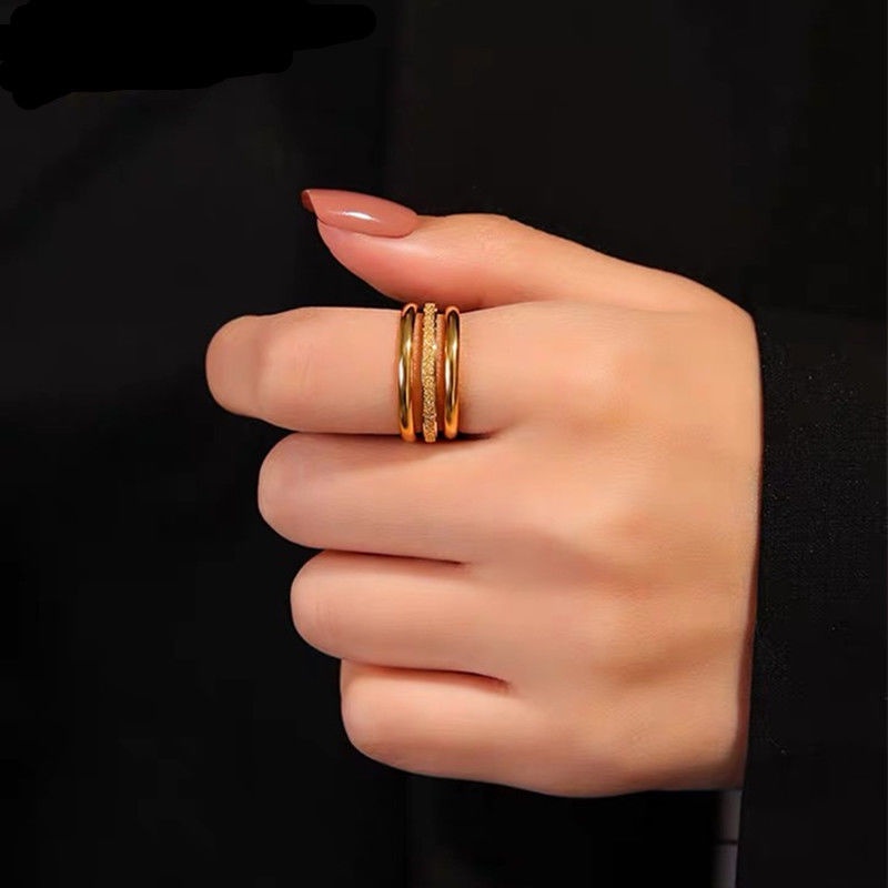 Set dari 3 Cincin Perhiasan Titanium Asli Anti Karat simple Premium Emas 18K Korea Aksesoris Wanita ring