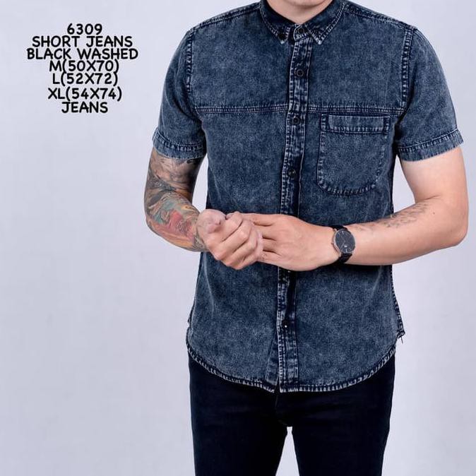 kemeja jeans pria denim hitam / baju kemeja cowok distro