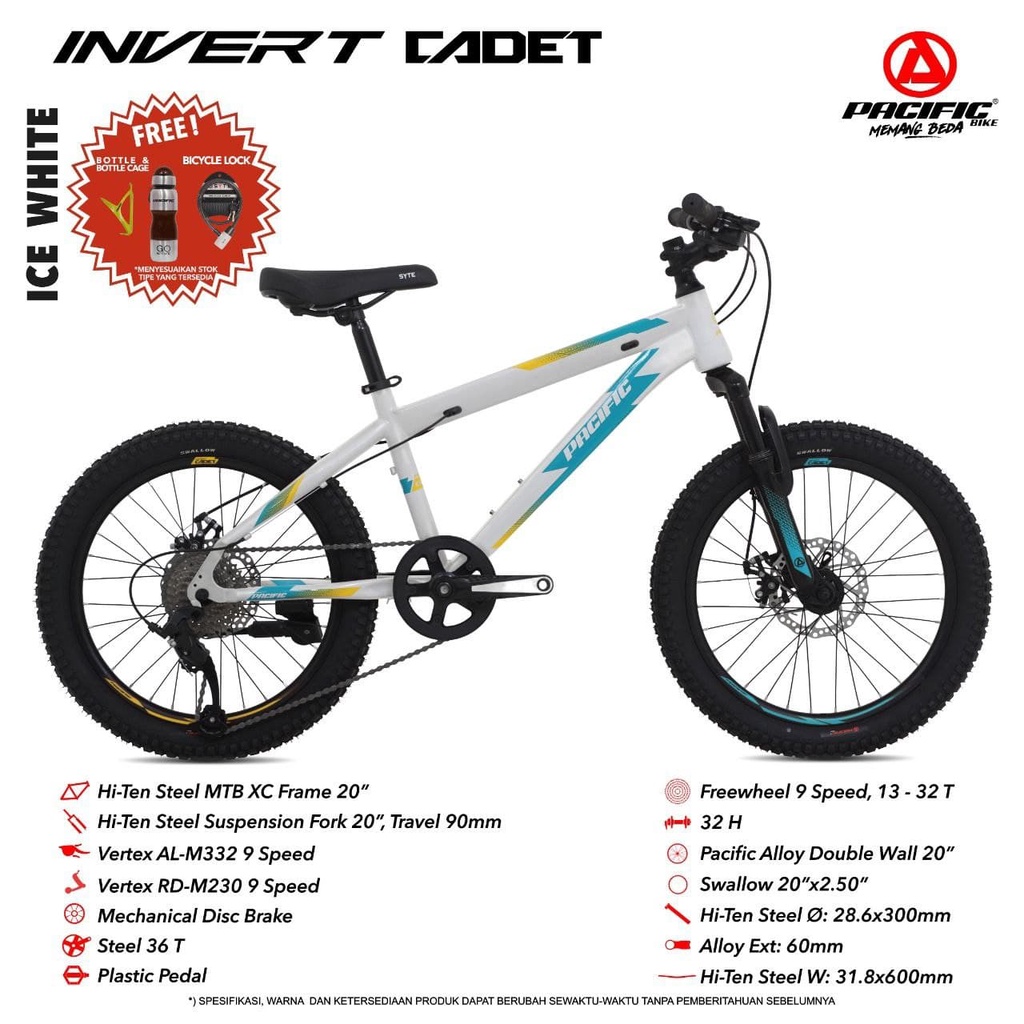 SEPEDA GUNUNG PACIFIC INVERT CADET 20” 9 SPEED FRAME STEEL MECHANICAL DISC BRAKE MTB