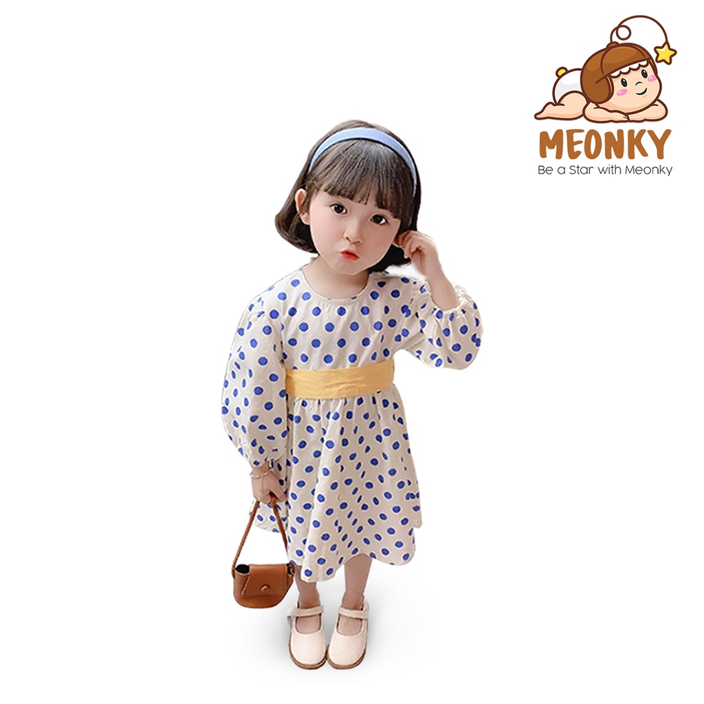 Meonky Official Shop Big Ramadhan Sale Baju Anak Perempuan Lengan Panjang Dress Pita Motif Polkadotte Made In Import ,100% Bahan Katun Yang Kualitas Premium Cocok Untuk Anak Usia 3 tahun Sampai 4 Tahun (G - 5)-1