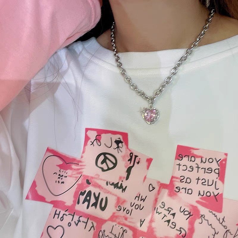 YEEZII Kalung Rantai Klavikula Liontin Hati Bintang Bahan Zirkon Warna Pink Untuk Wanita