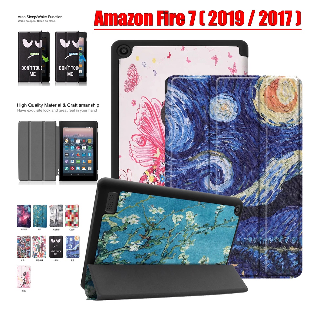 [Tidur/Bangun] Untuk Amazon Fire7 (2017)/Fire7 (2019) 7.0 &quot;Tablet Pelindung Case Fashion Pola Dicat Tri-fold Flip Stand Cover