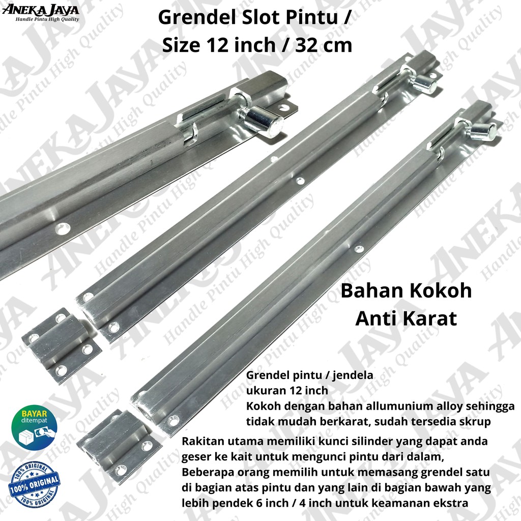 Grendel 12 inch 32 cm / Slot pintu depan daun pintu 2 / Grendel alumunium anti karat tebal dan awet