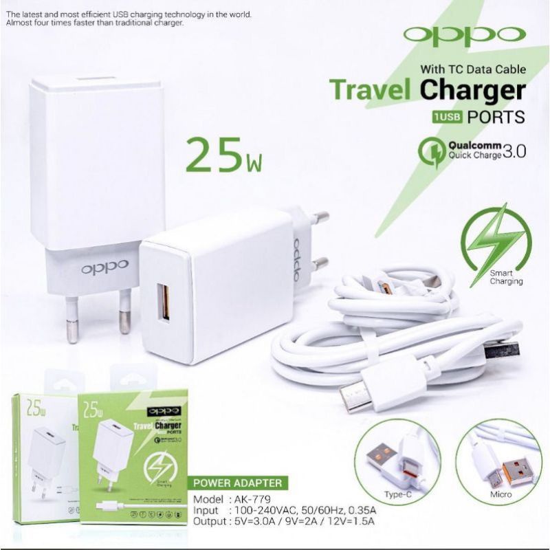 Tc Travel Charger Oppo AK-779 Micro Usb &amp; Type C Fast Charging Original 100%