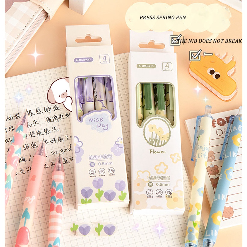 4pcs / Set Pulpen Gel 0.5mm Motif Bunga Romantis Untuk Pelajar / Kantor